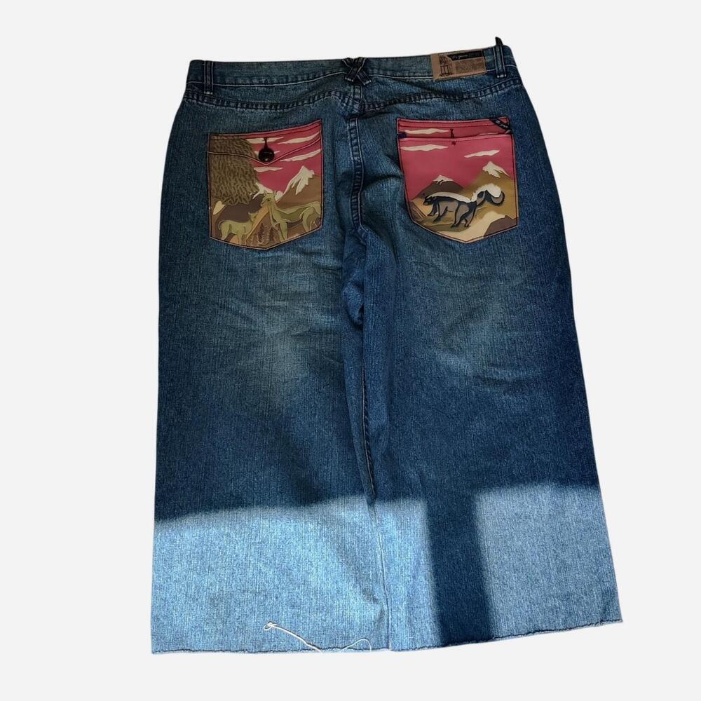 Y2K LRG wide leg blue jeans with red pocket designs featuring mountain and anima